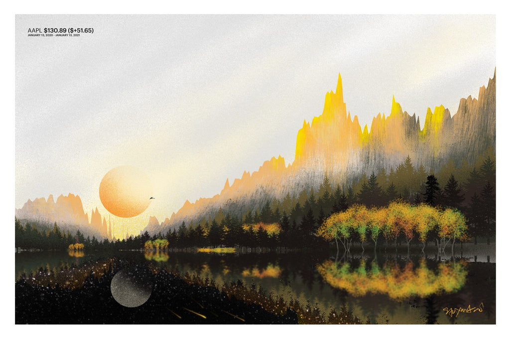 Apple 2020 stock chart drawn as a landscape, art print.
