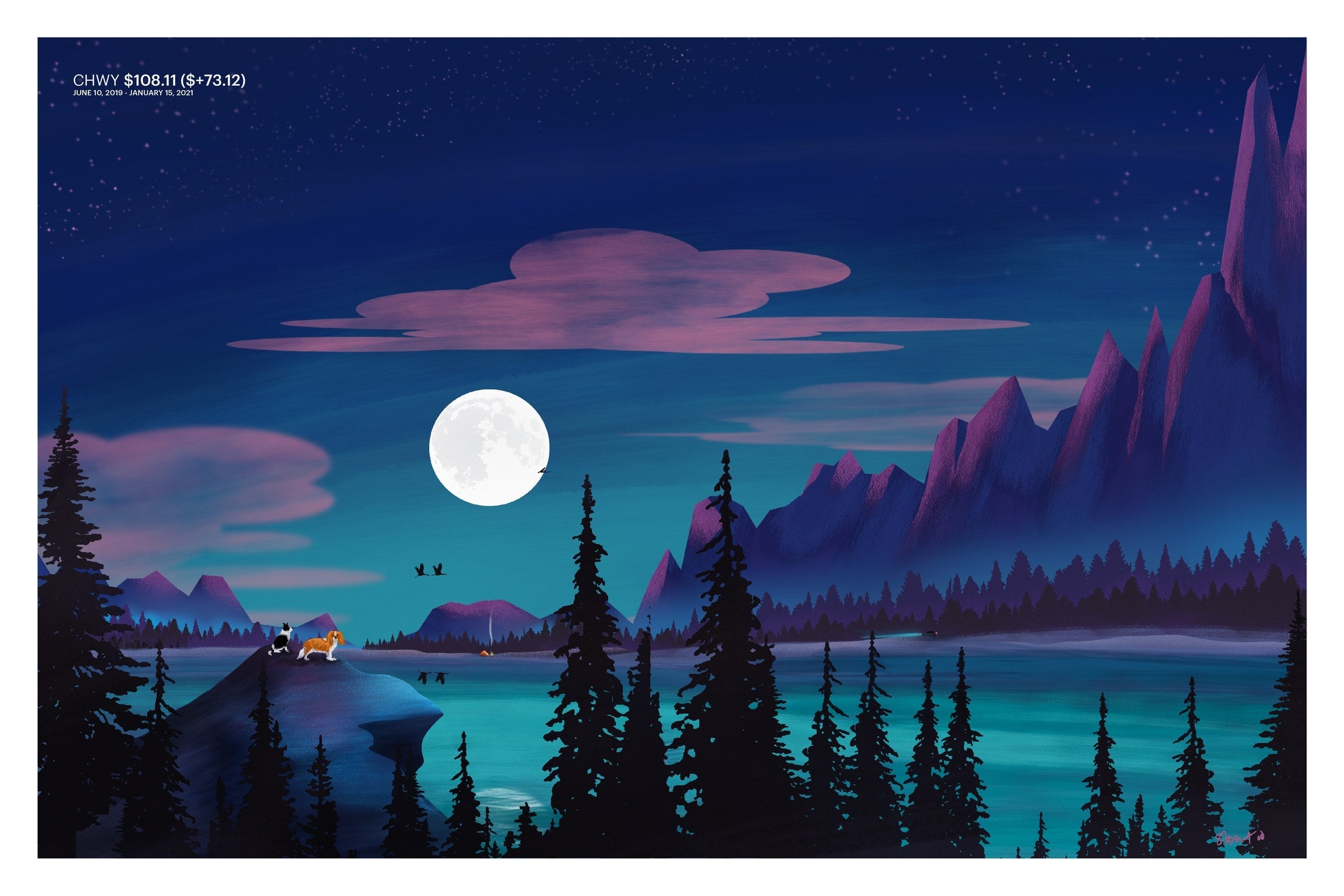 Chewy 2020 stock chart drawn as a landscape, art print.