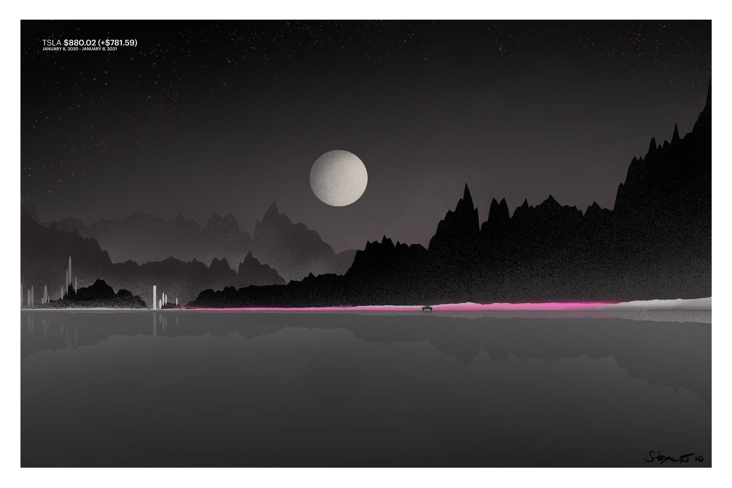 Tesla 2020 stock chart drawn as a landscape, art print.