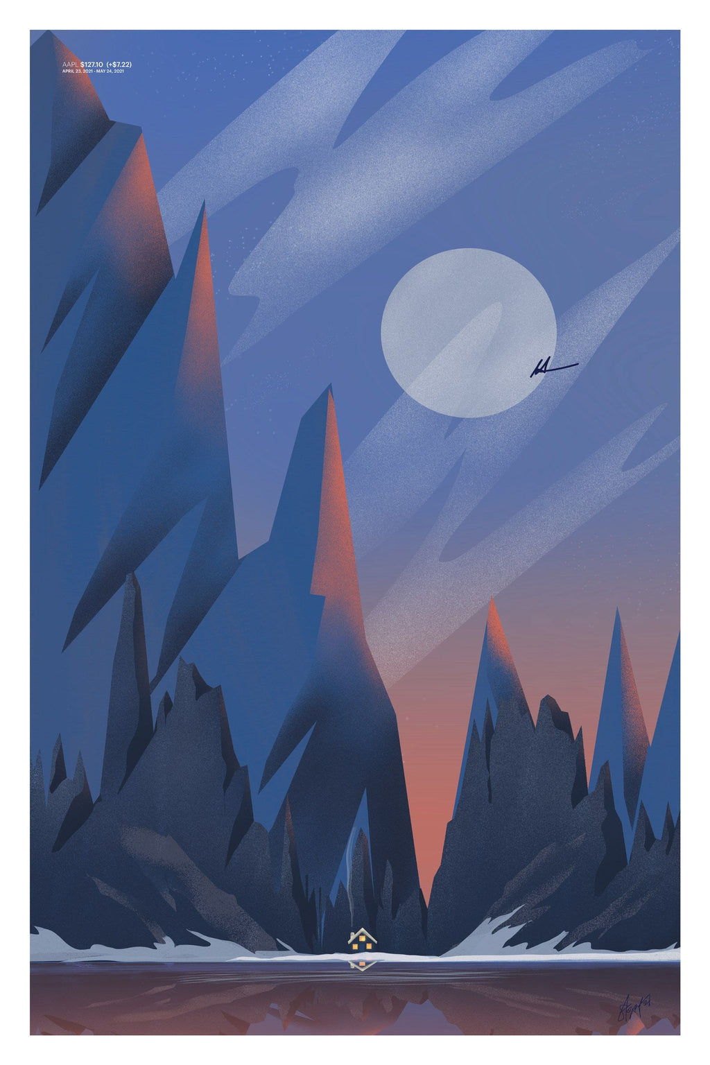 Apple April to May 2021 stock chart drawn as a landscape, art print.