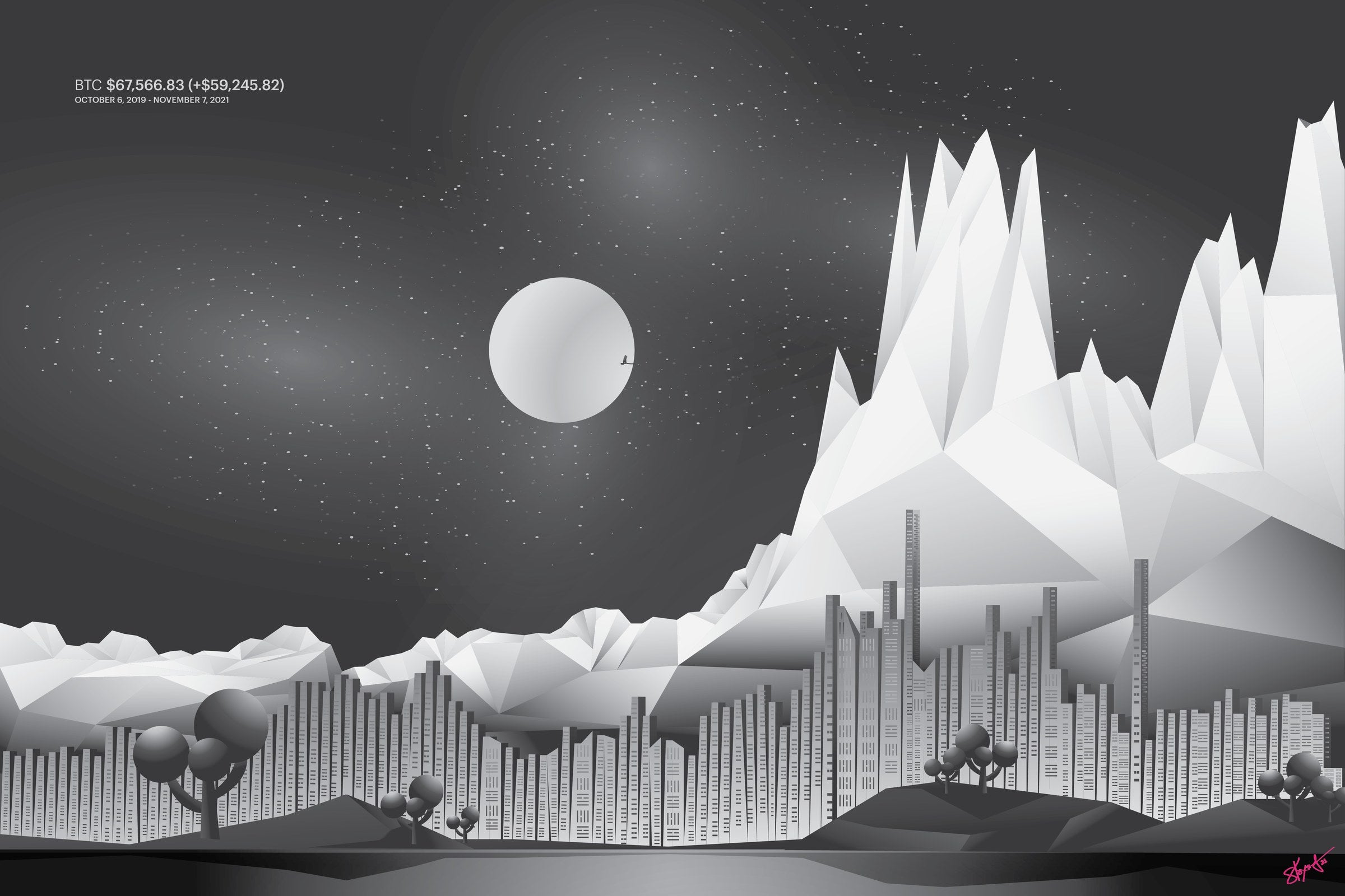 Bitcoin all-time high 2021 stock chart drawn as a landscape, art print.