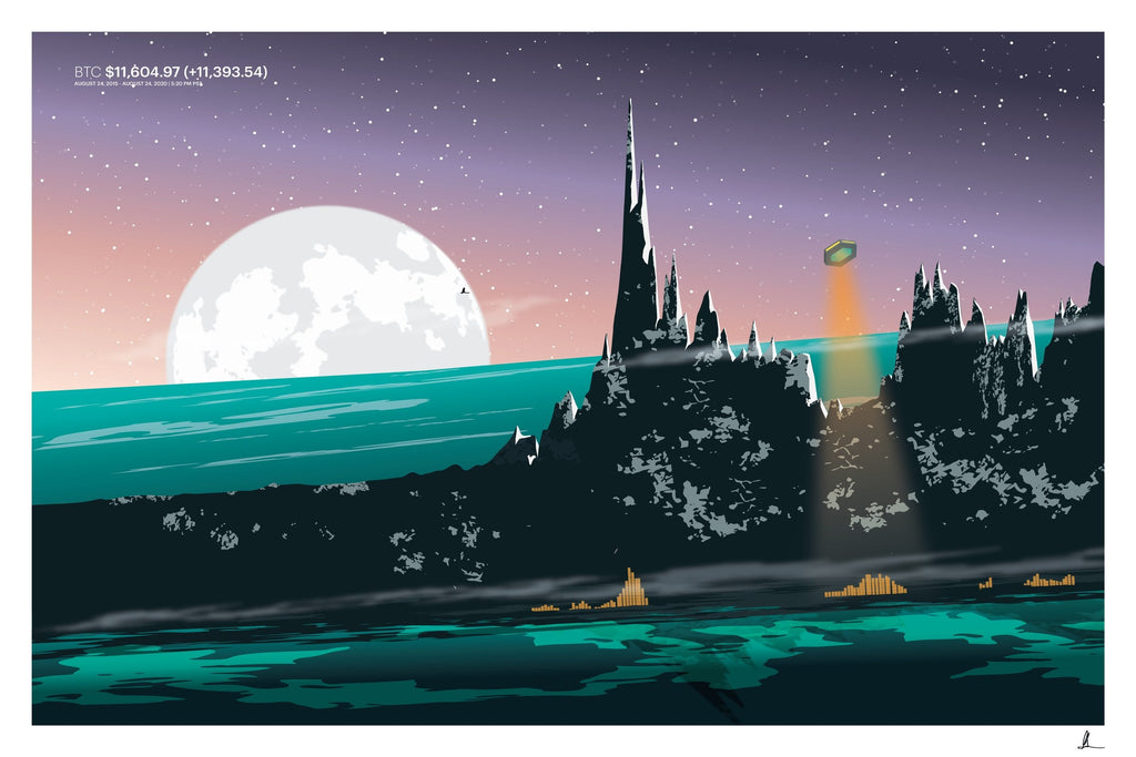 Bitcoin mining stock chart drawn as a landscape, art print.