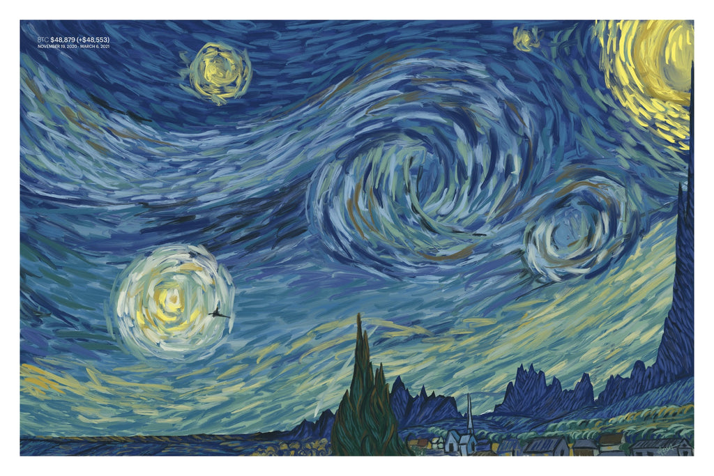Bitcoin in the style of Van Gogh's Starry Night stock chart drawn as a landscape, art print.
