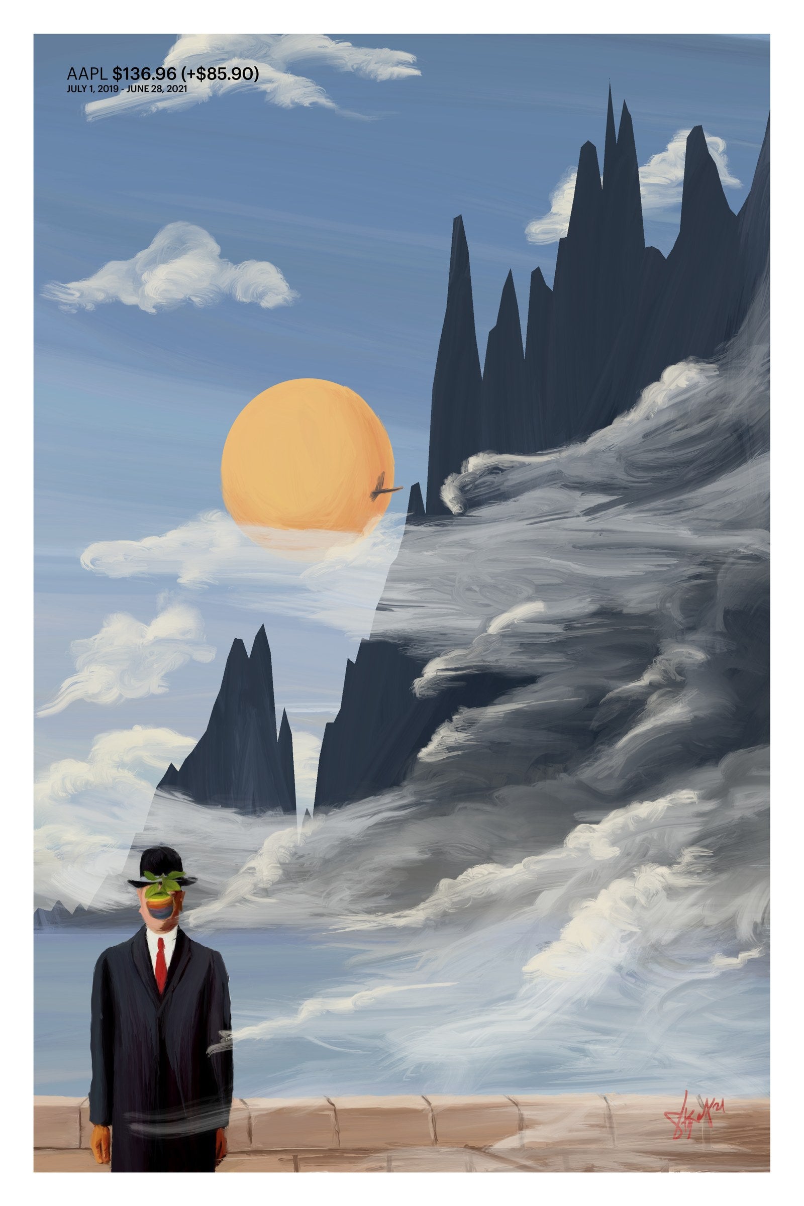 Apple in the style of Magritte's Son of Man stock chart drawn as a landscape, art print.