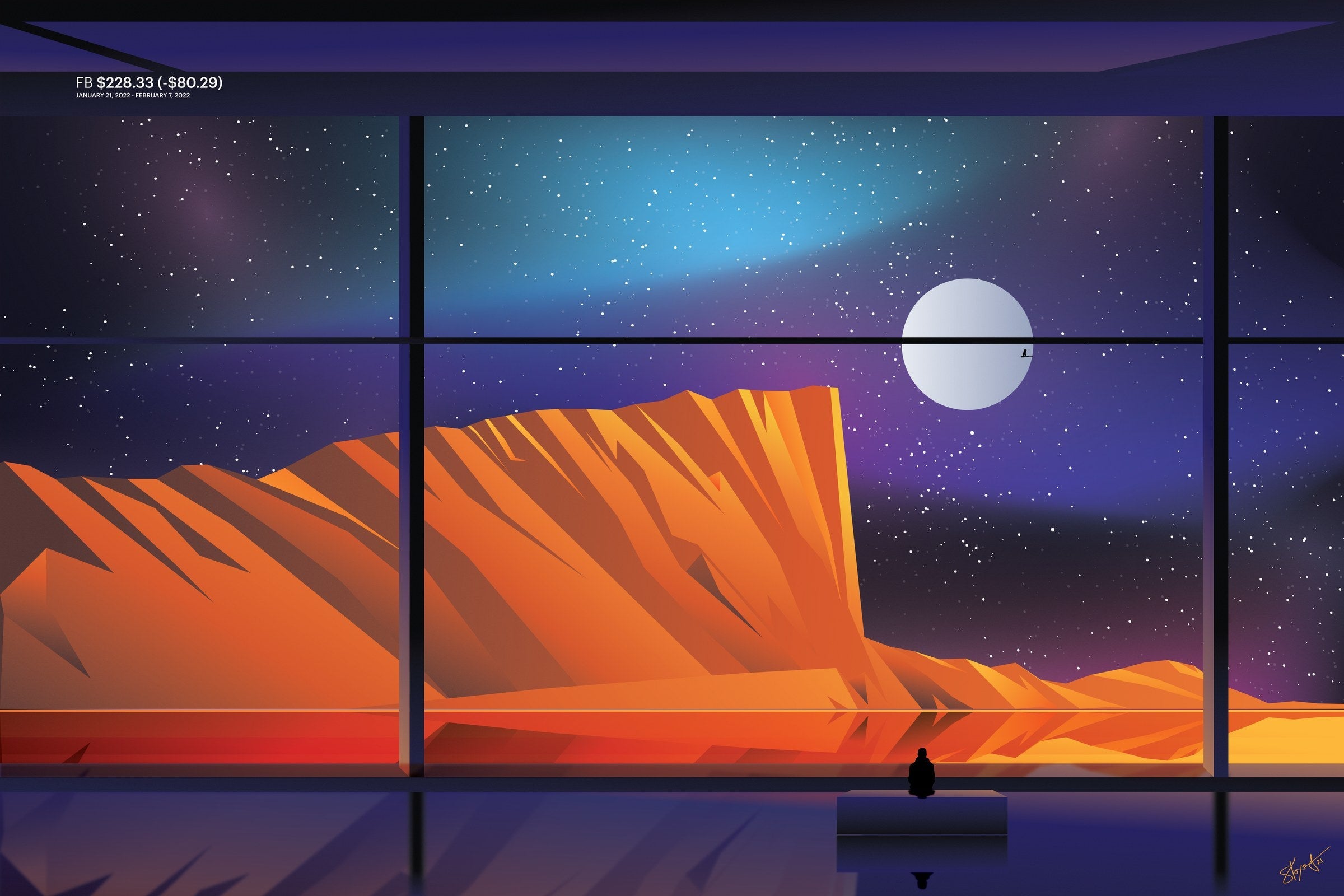 Meta 2022 stock chart drawn as a landscape, art print.
